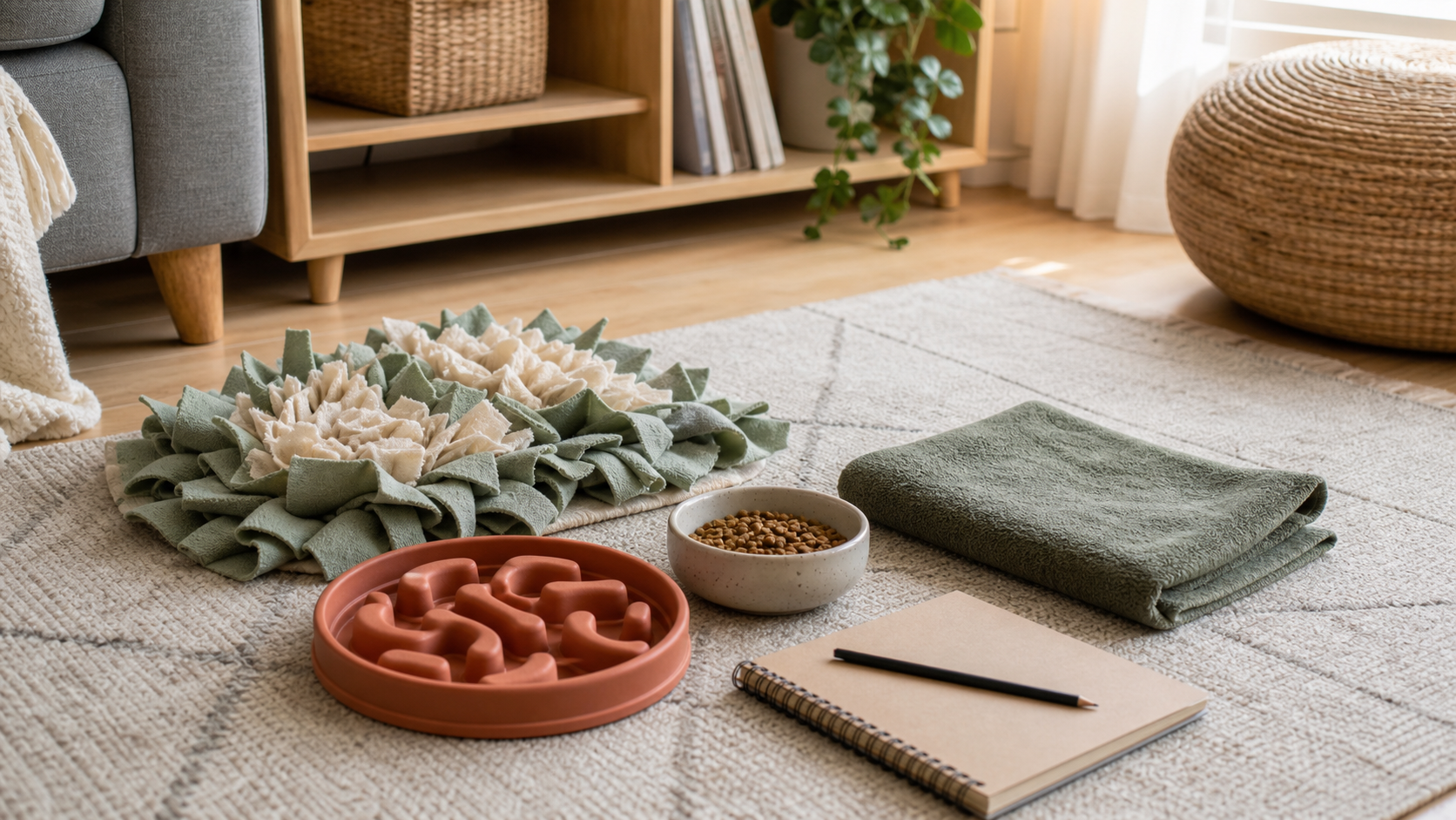 Apartment dog enrichment items arranged on a rug