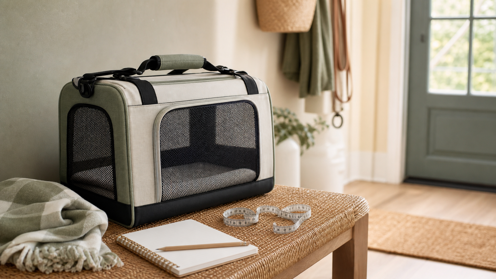 Soft pet carrier, measuring tape, notebook, and blanket arranged on an entryway bench