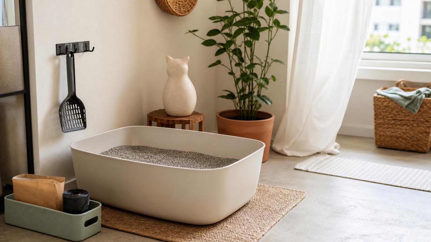Clean litter box station with scoop, supplies, and window light